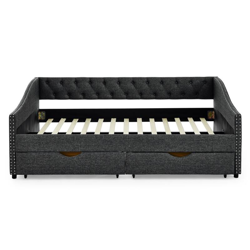 Full Size Upholstered Tufted Daybed with Drawers and Copper Nail