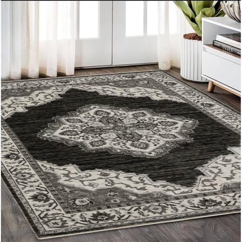 HomeRootsMedallion Traditional Rectangle Area Rug - 92.52' X '62.99' X '0.32 - Charcoal/Ivory