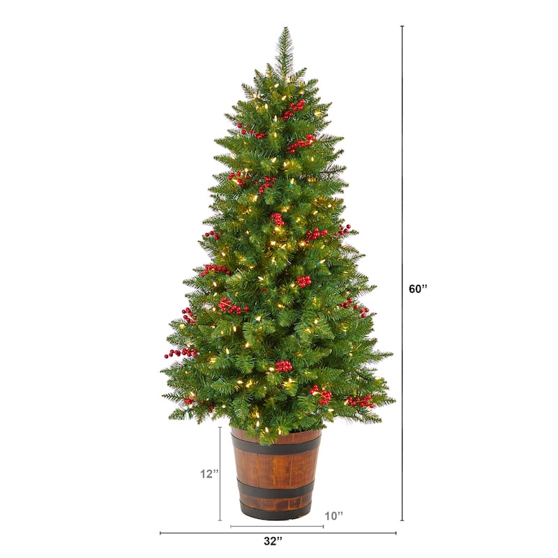 5Ft Pre-Lit Christmas Tree with Lights & Berries - Holiday Decor, Festive Tree, Indoor Xmas Tree - Green - 60