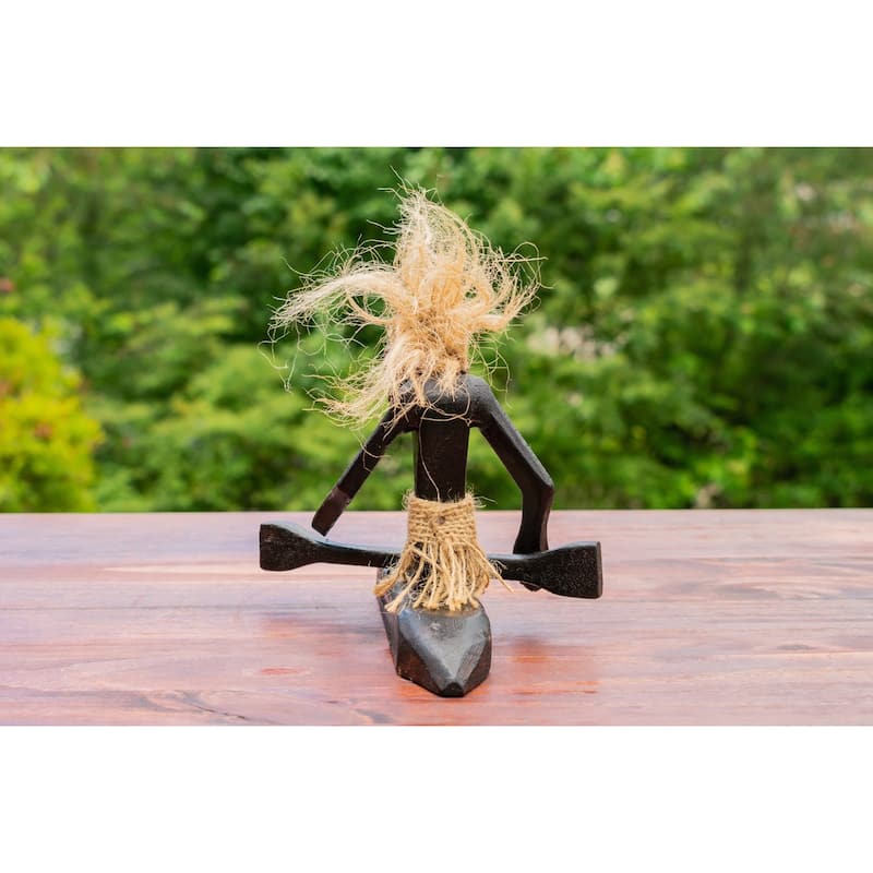 Handmade Wooden Primitive Tribal Kayaking Statue Canoe Funny Sculpture Tiki Bar Handcrafted Unique Gift Decor Accent Figurine