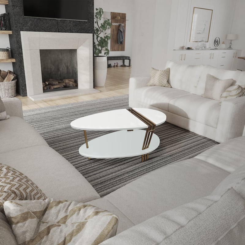 36 Inch Modern Coffee Table, Oval Elliptical Shape, White Mango Wood With Antique Brass
