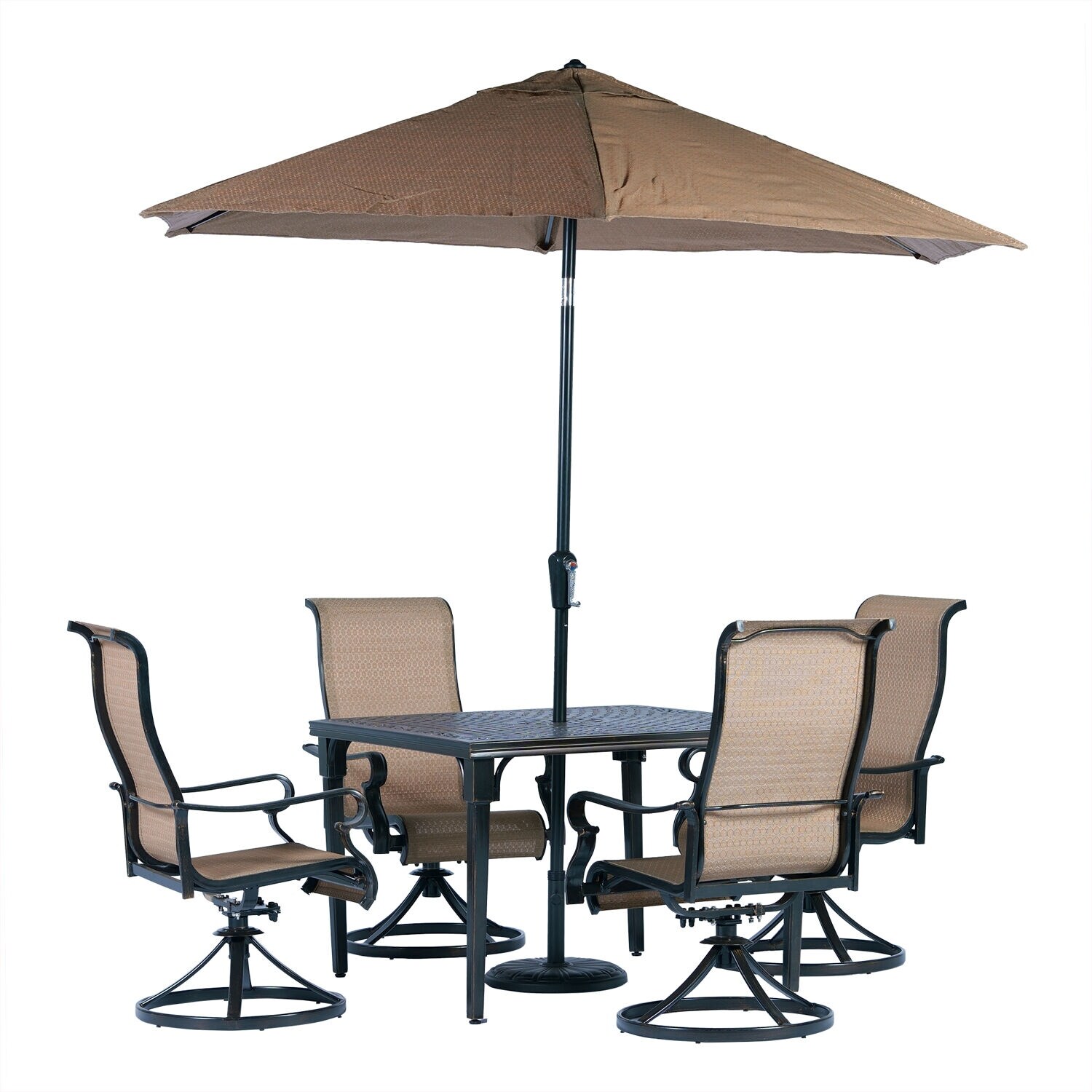 Hanover Brigantine 5 Piece Outdoor Dining Set with 4 Sling Swivel Rockers 42 In. Square Table 9 Ft. Umbrella and Base Bed Bath Beyond 28010490