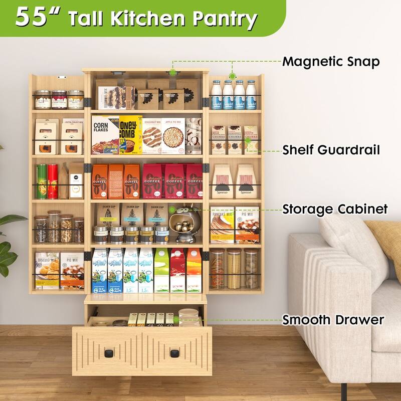 Gymojoy Farmhouse Pantry Cabinet with Drawer & Shelves, Kitchen Storage Cupboard for Dining Room, Living Room, Bathroom