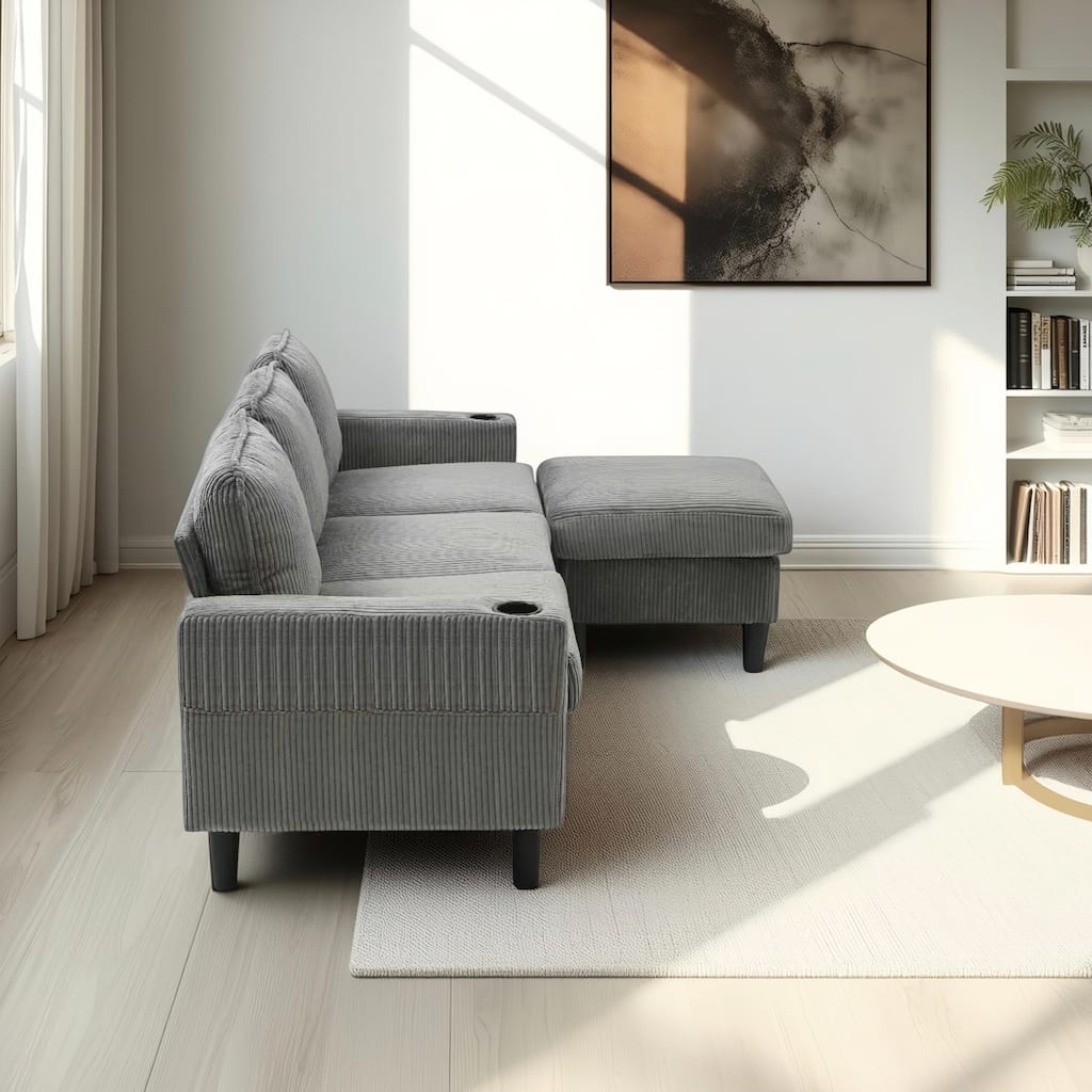 L-Shaped Sectional Sofa with Storage Ottoman, Upholstered 3-Seater Sofa with Side Pockets, USB Port & Cup Holders