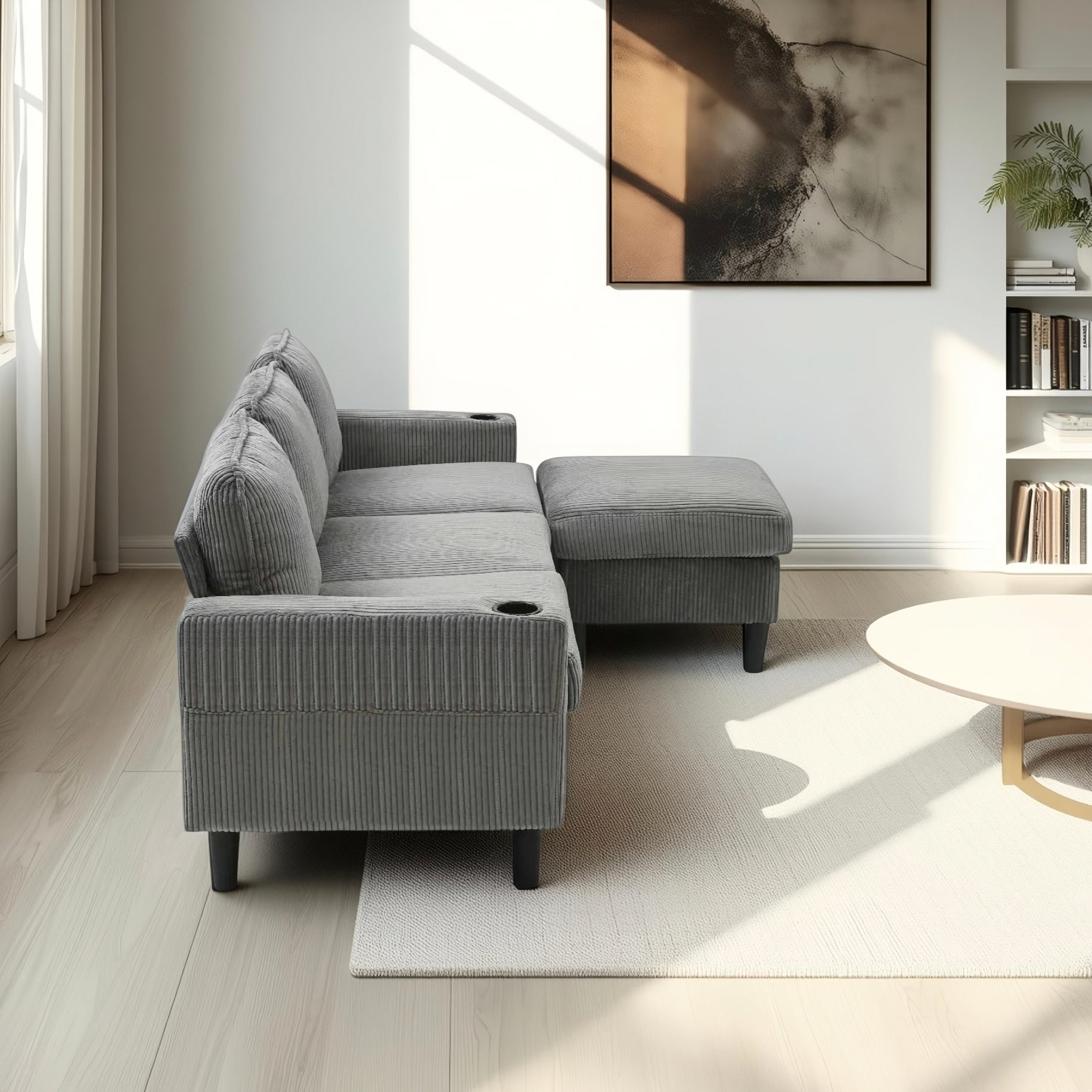 L-Shaped Sectional Sofa with Storage Ottoman, Upholstered 3-Seater Sofa with Side Pockets, USB Port & Cup Holders