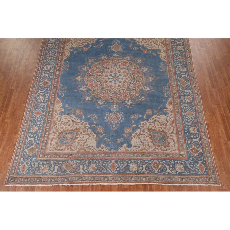 Tabriz Vintage Persian Area Rug Handmade Oriental Blue Wool Carpet - 9'8" x 12'5"
