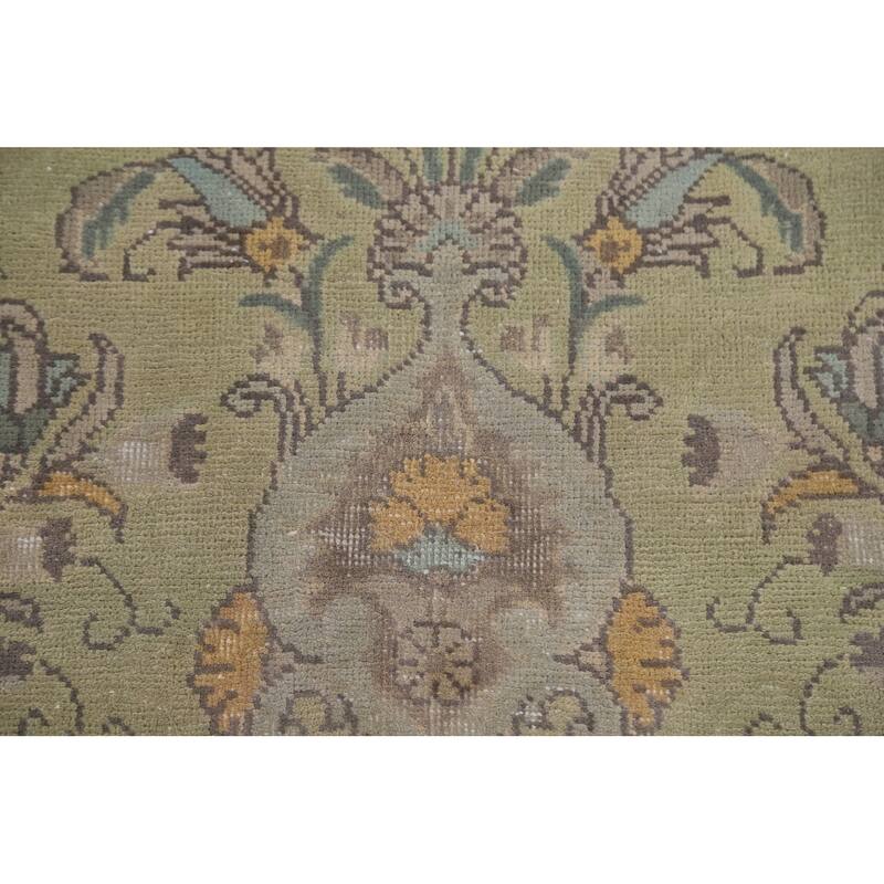Green Distressed Tabriz Persian Antique Area Rug Handmade Wool Carpet - 6'6" x 9'8"
