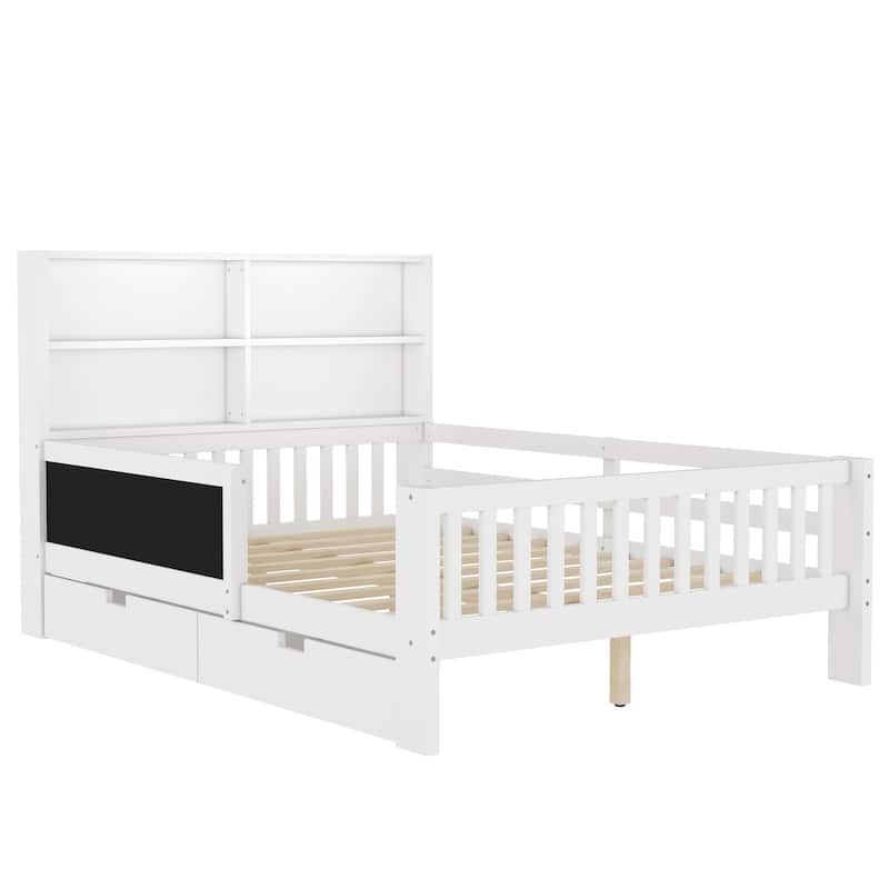 Childlike Fun Solid Wood Low-profile Platform Bed Storage Bed Frame with Side Chalkboard, Open Shelves, Drawers and Guardrails