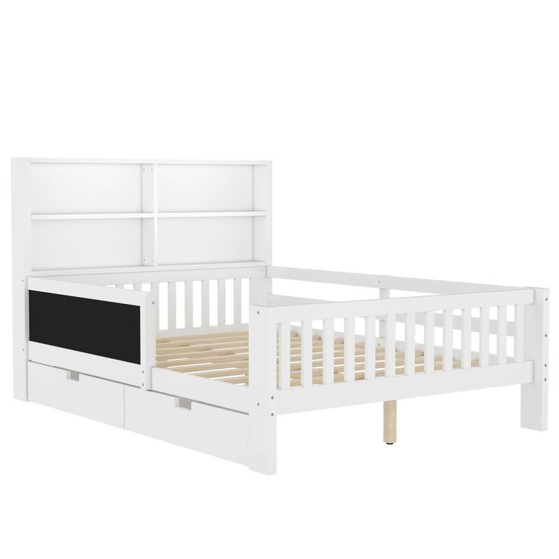Wooden Platform Bed Frame with Storage Headboard, 2 Drawers and Chalkboard