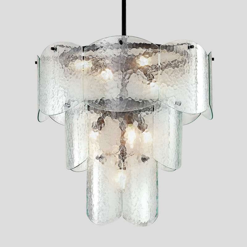 23-Inch Modern Glass Chandeliers, 3 Tiers 8-Light Farmhouse Hammered Stone Glass Chandelier Fixture for Living Room, Bedroom - Black