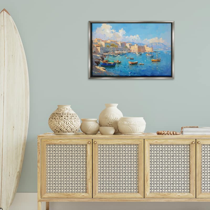 Stupell Nautical Harbor Coastal Town Framed Floater Canvas Wall Art Design By LSR Design Studio