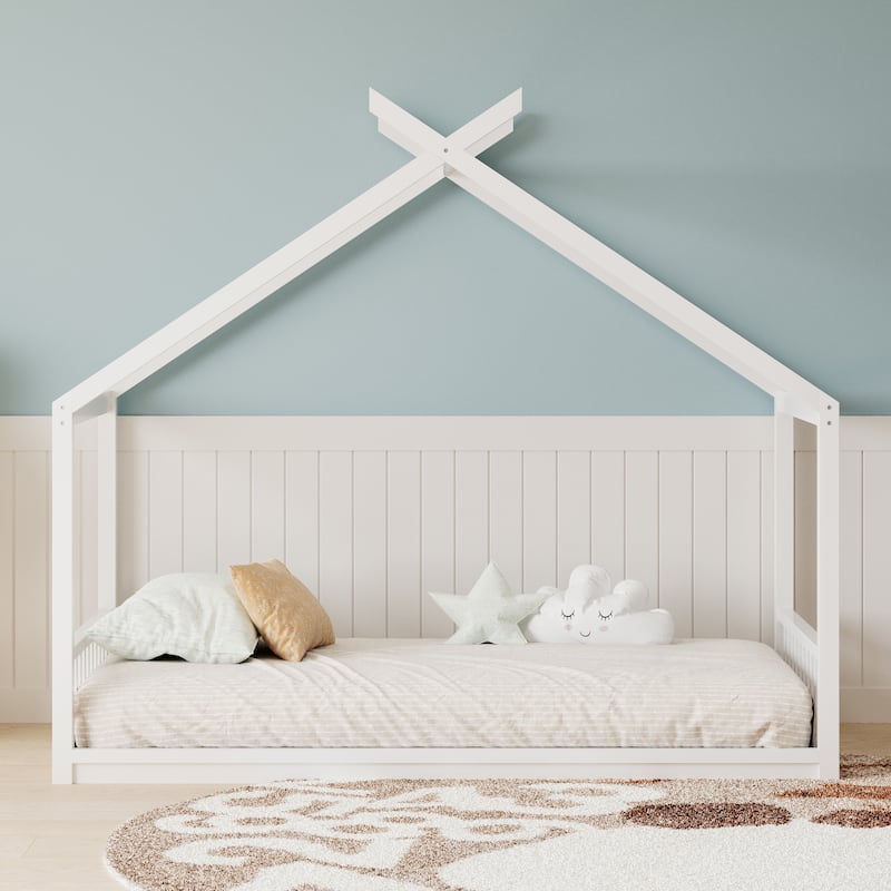 Twin Size Montessori Style House Bed for Kids,Floor Bed Frame with Headboard and Footboard,Wooden Fence Bed,Slat Not Included