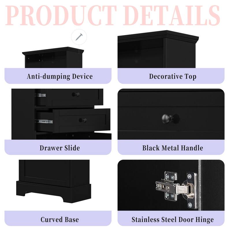 Tall Storage Cabinet with 3 Drawers & Adjustable Shelves for Bathroom