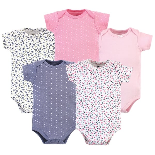 slide 1 of 1, Hudson Baby Infant Girl Cotton Bodysuits 5pk, Prints Tiny Berry Floral 0-3 Months - Prints Tiny Berry Floral