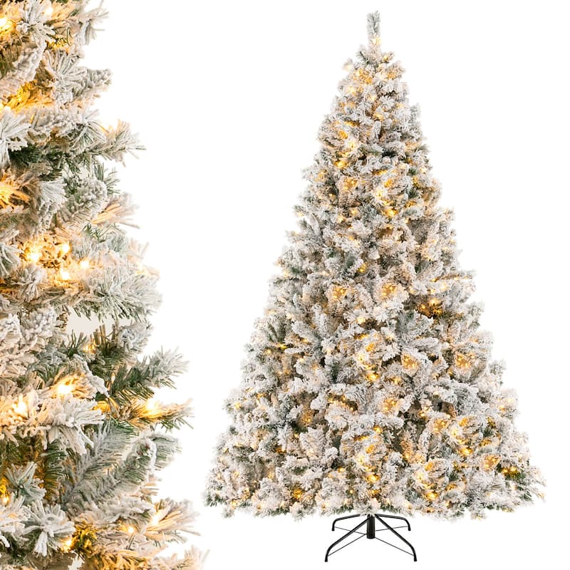 Gymax 6/7/8 FT Pre-Lit Snow-Flocked Xmas Tree 3-Minute-Setup