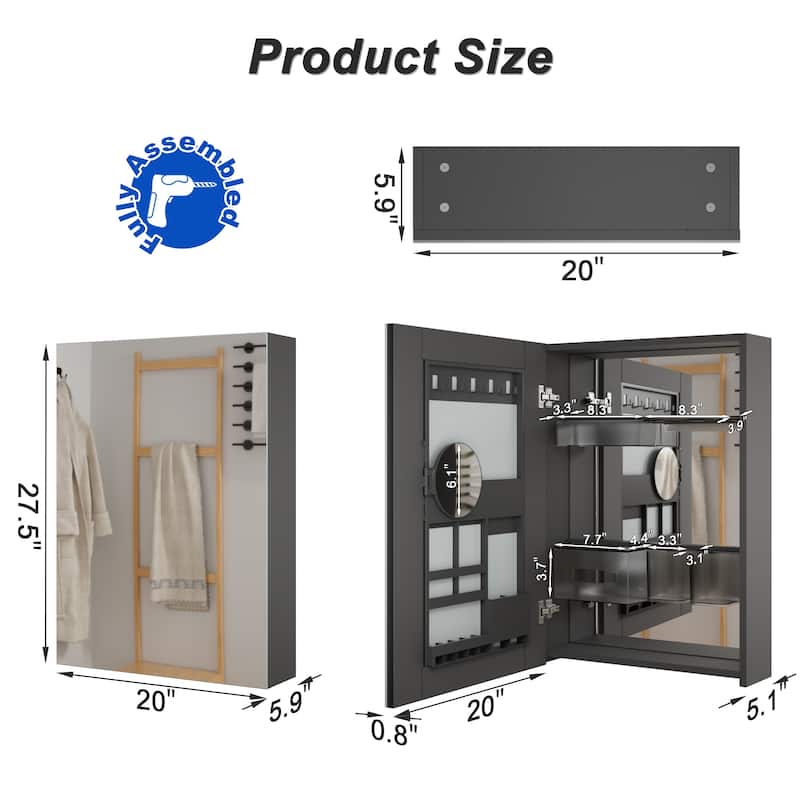 Multi-Function Mirror Cabinet Wall-Mounted Storage with Adjustable Organizer Boxes