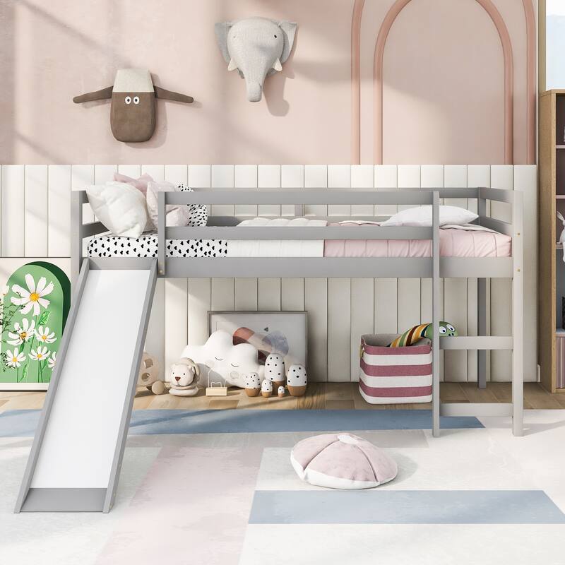 Gray Twin Size Solid Wood Loft Bed with Slide, Fence and Multifunctional Design for Bedroom
