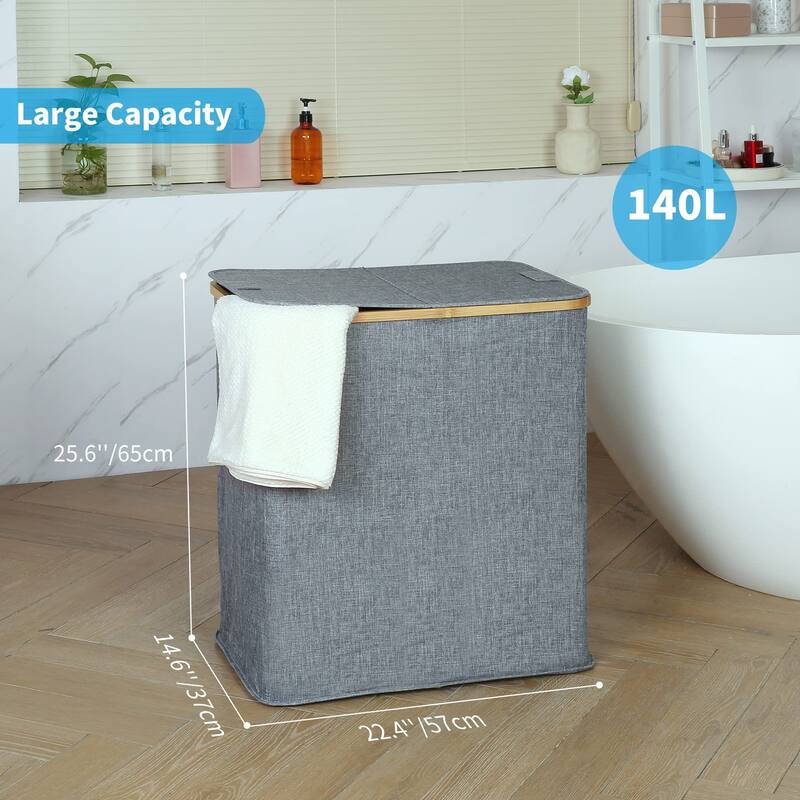 Double Laundry Hamper with Lid, Divided Laundry Hamper with Removable Bags, 2 Section Dirty Clothes Basket with Handles