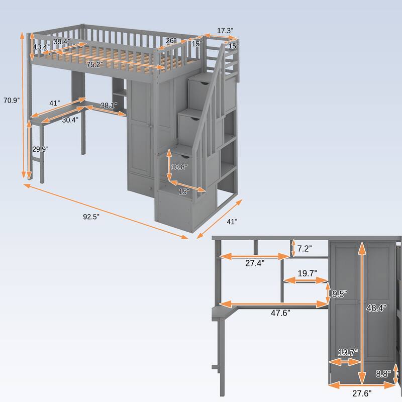 Modern Twin size Loft Bed with Bookshelf,Drawers,Desk,and Wardrobe