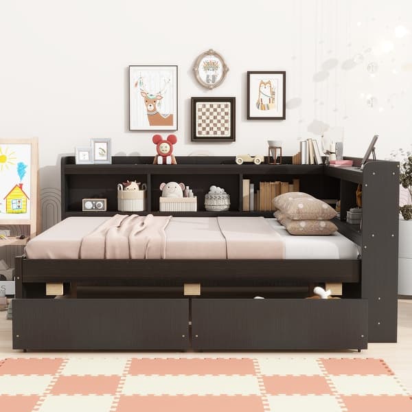 slide 2 of 7, Full Size L-shaped Bookcases Bed with Power Outlets, USB Charging Ports,2 Drawers,Espresso Espresso