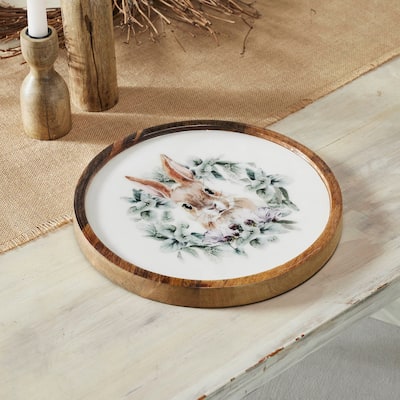 Bunny Hop Wooden Plate Natural w/ Bunny & Wreath 11.5 inch Diameter