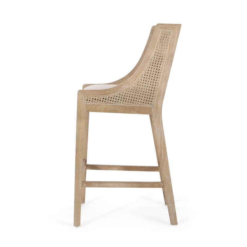 French Country Breck Upholstered Barstools with Cane Backrest (Set of 2) - 30-inch Seat Height by Christopher Knight Home
