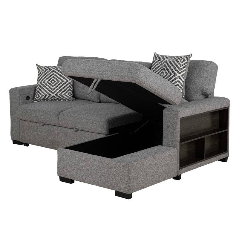 Furniture of America Oswin Modern Grey Pull-Out Sleeper Sofa Sectional with Storage Shelves and USB Ports