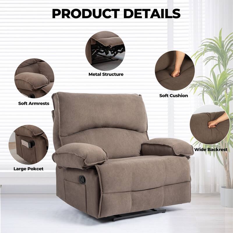 Grey Extra Wide Recliner with Heated Pillow & Fleece Upholstery