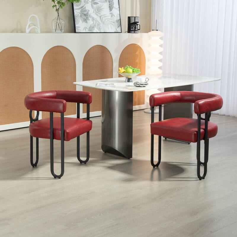 Wine Red PU Upholstered Accent Chair Dining Chair Barrel Side Chairs Kitchen Armchair for Living Room Dressing Room Set of 4