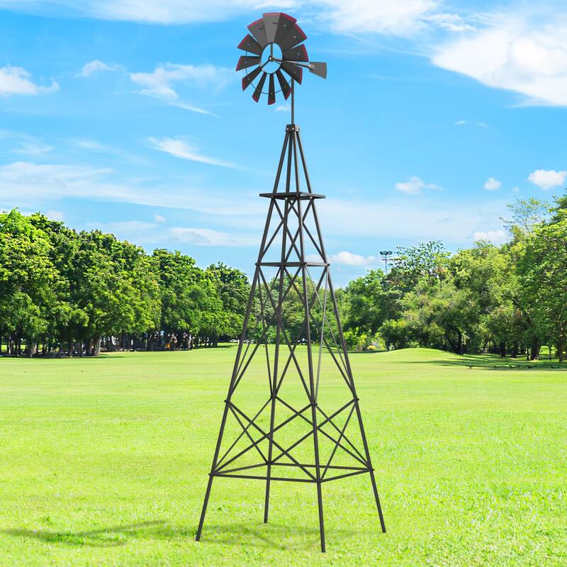 8 Feet Metal Windmill Outdoor Garden Yard Ornament with Weathervane
