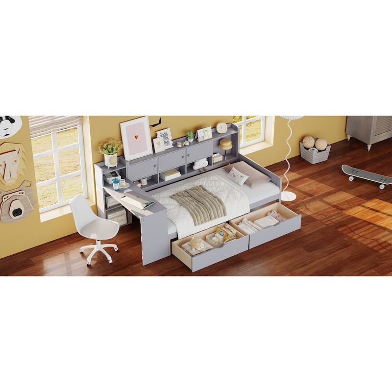 Twin Size Wood Daybed with L-Shape Design and 3 Cabinets, 2 Drawers and Built-in Study Desk