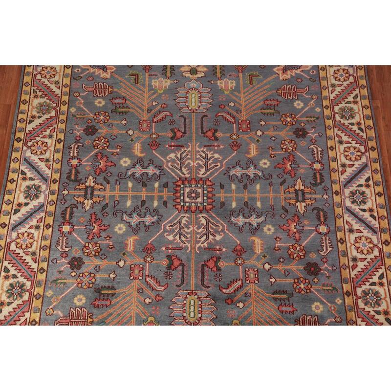 Gray Blue Geometric Oushak Oriental Area Rug Hand-Knotted Wool Carpet - 7'10" x 9'10"
