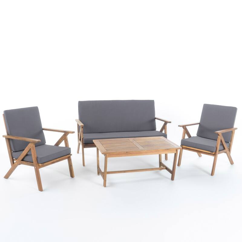 Outdoor Patio Chat Set, 4 Piece Conversation Sofa Sets with Coffee Table and Water Resistant Cushions - Teak+Grey