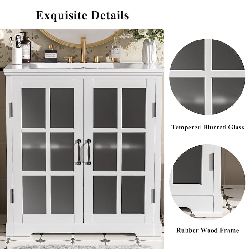 30"Bathroom Vanity with Ceramic Sink, Tempered Blurred Glass and Matte Black Handles, Large Storage Space and Rubber Wood Frame