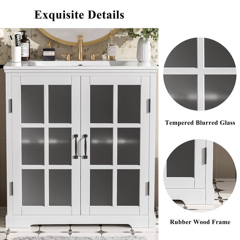 Bathroom Storage Vanity Cabinet with Ceramic Sink, Blurred Tempered Glass Doors, Matte Black Handles and Adjustable Shelf