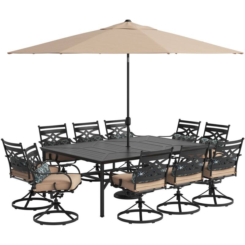 Hanover Montclair 11-Piece Dining Set in Tan with 10 Swivel Rockers, 60-In. x 84-In. Table, 11-Ft. Umbrella and Umbrella Stand