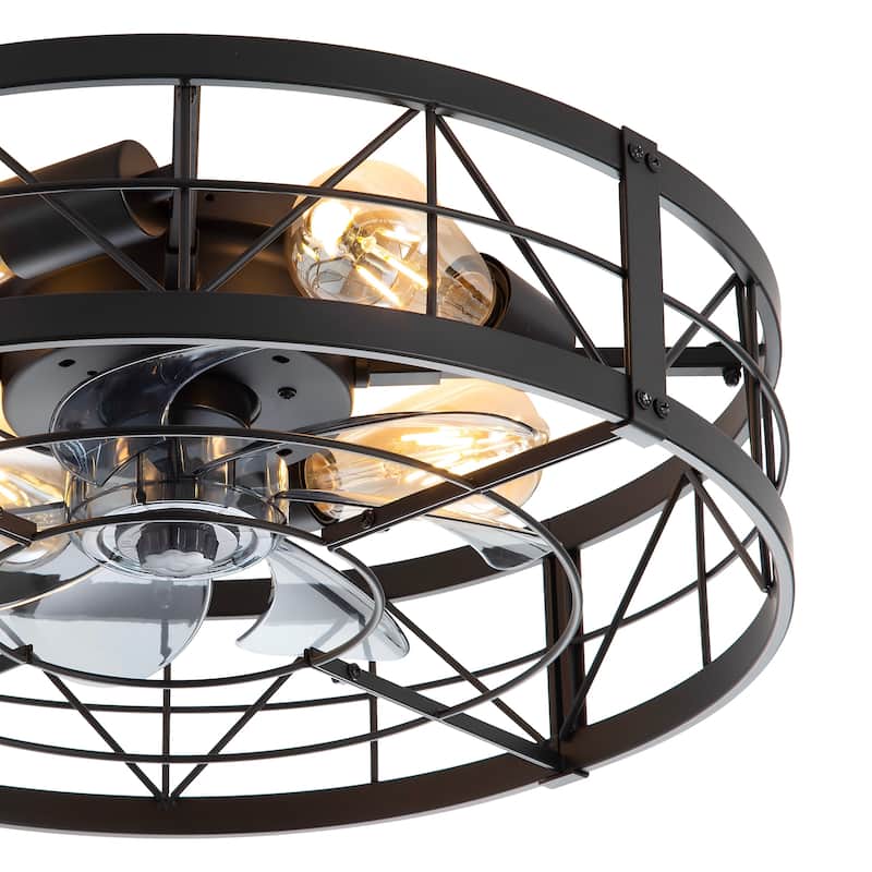 20" 7-Blade Matte Black Flush Mount Caged Ceiling Fan with Light and Remote