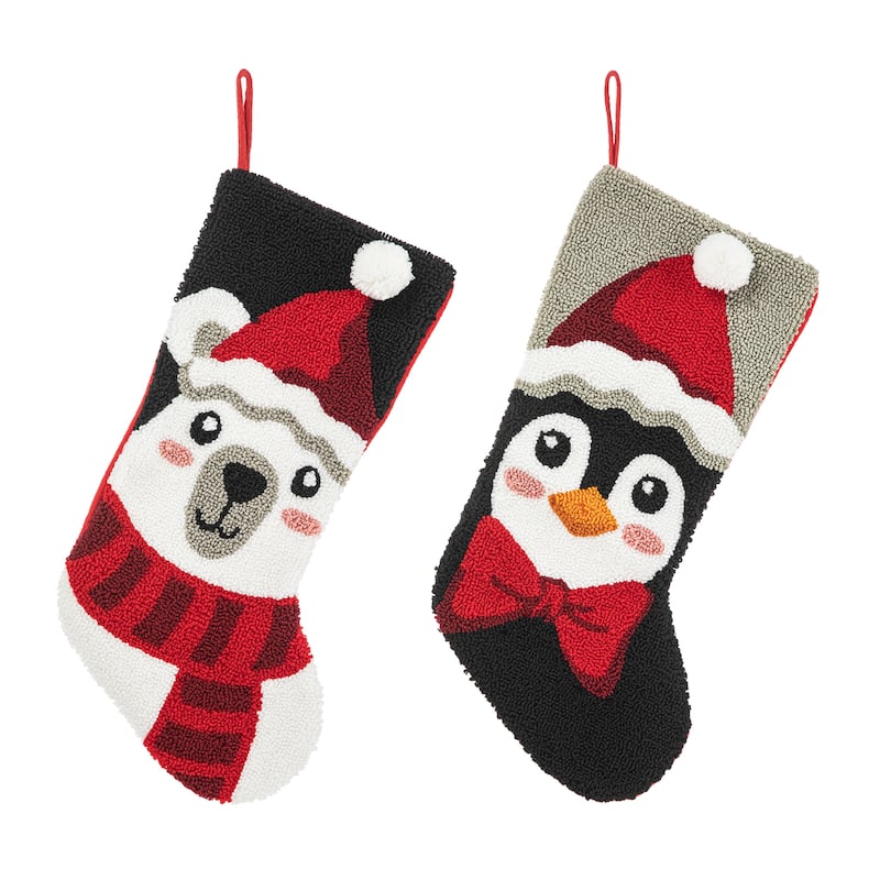 Glitzhome 20.5"L Polar Bear & Penguin Hooked Xmas Stocking - Polar bear & Penguin
