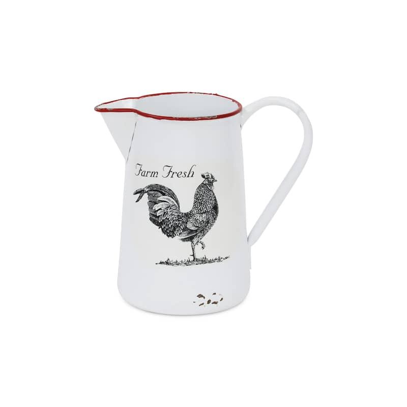 HomeRoots 8" Black And White Metal Farm Fresh Chicken Decorative Jug - 8.00 in. x 7.75 in. x 5.25 in.