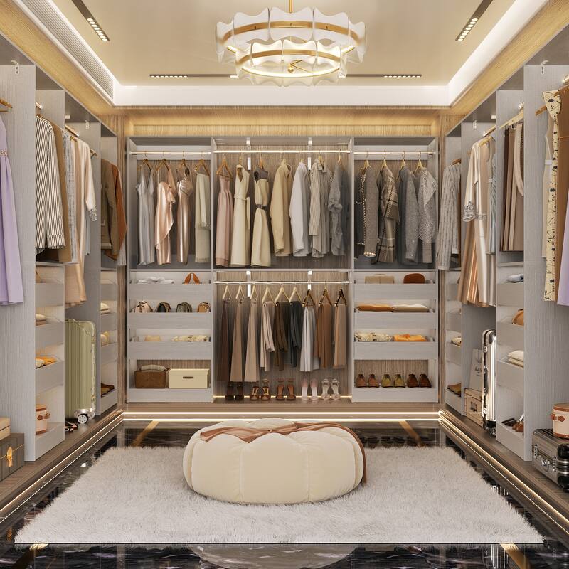 Rackcog 80"-120" W Closet System With 6 Wooden Drawers and 4 Hanging Rods,Sturdy Walk-in Closet Organizer with Storage Shelves - Grey