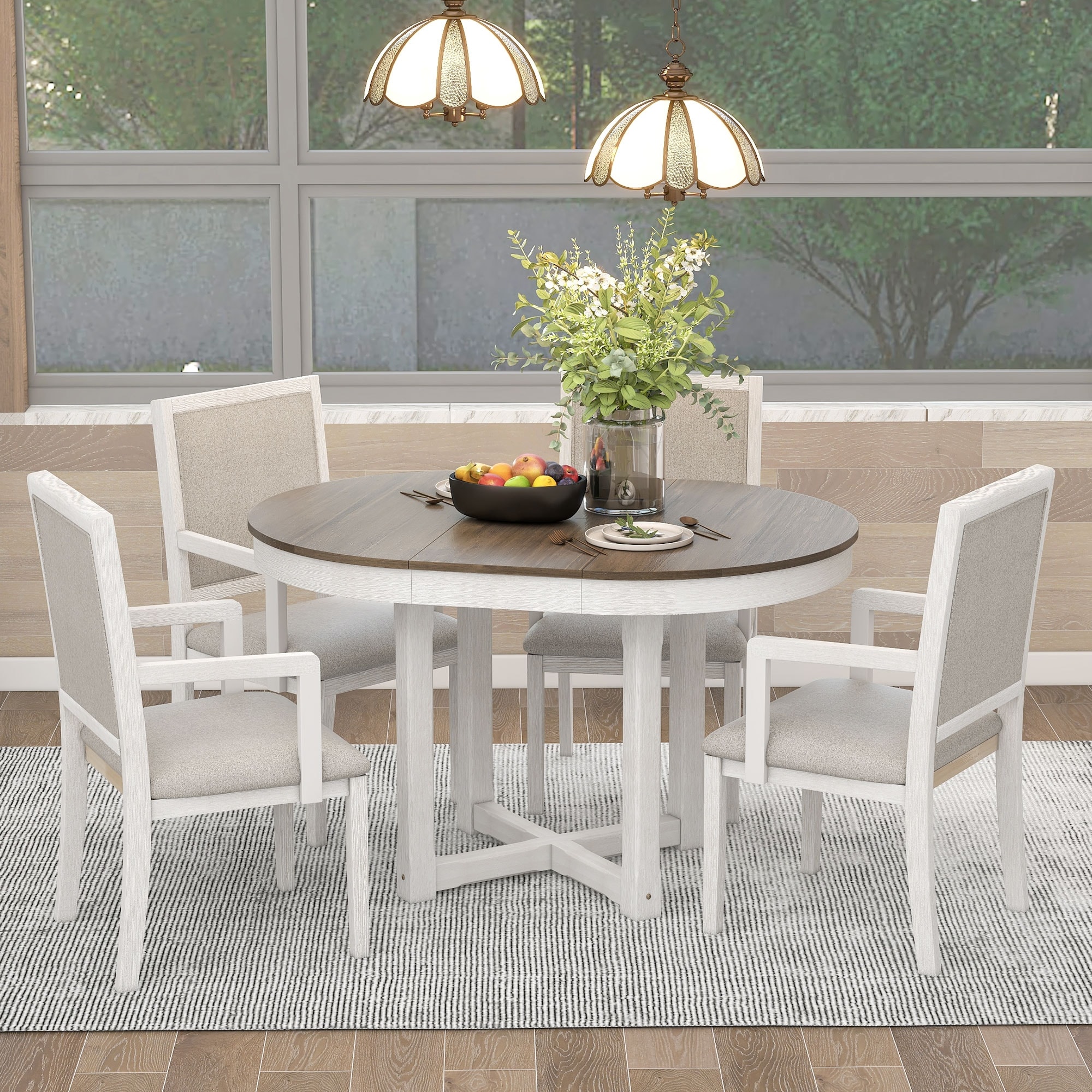 Extendable Round to Oval 5-Piece Wood Dining Table and Chairs Set