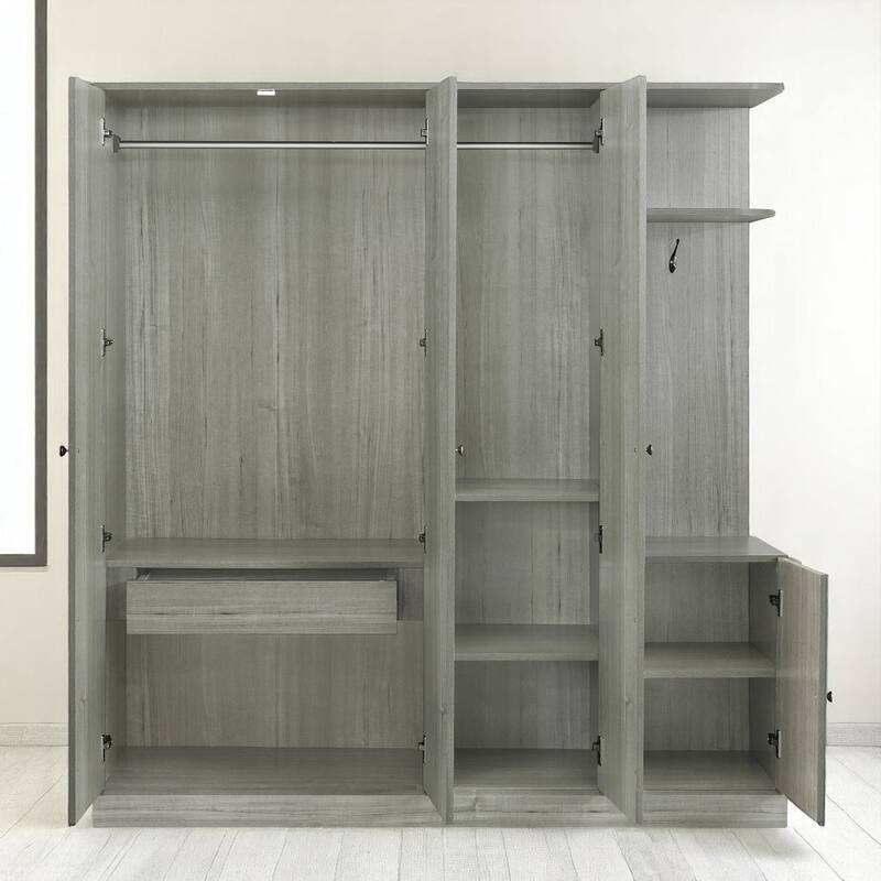 Modern Particle Board Wardrobe with Mirror, 2 Hanging Rails, 1 Drawer, Shelves and Safety Lock, 65.9" Tall