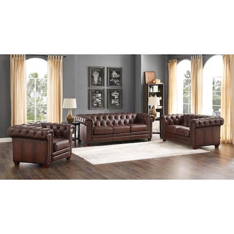 Hydeline Stanwood Top Grain Chesterfield Leather Sofa Set, Sofa, Loveseat and Chair