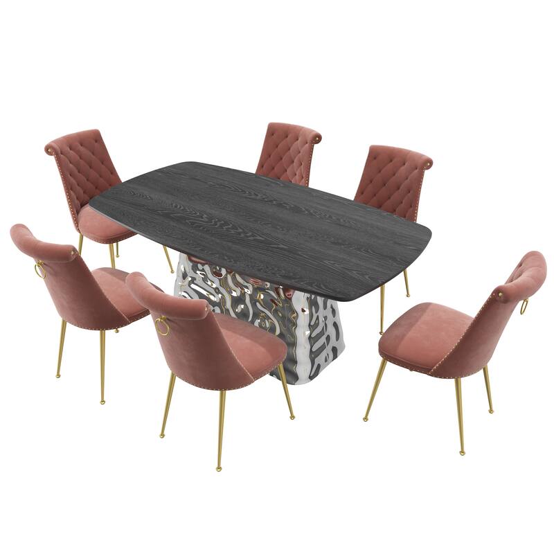7-Piece Clihome Modern Stainless Steel Table Velvet Chair Dining Set