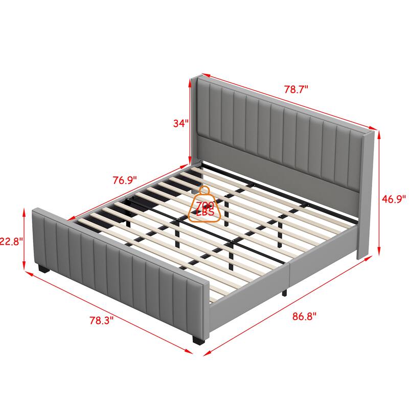 King Size Light Gray Velvet Platform Bed with 46.9" Tall Wingback Headboard & High Footboard Upholstered Bed Frame
