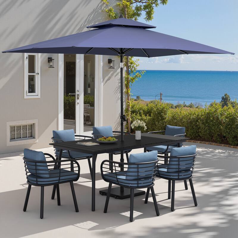 9PC Outdoor Patio Dining Set Aluminum Table with Sunbrella Cushion Chairs w/ Premium Market Umbrella Sets