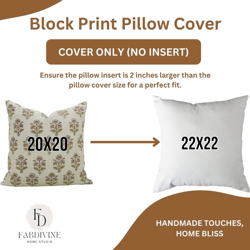 Fabdivine Handmade Floral Block Print Soft Pure Linen Fabric Pipine Pillow Cover Decorative Cushion Case