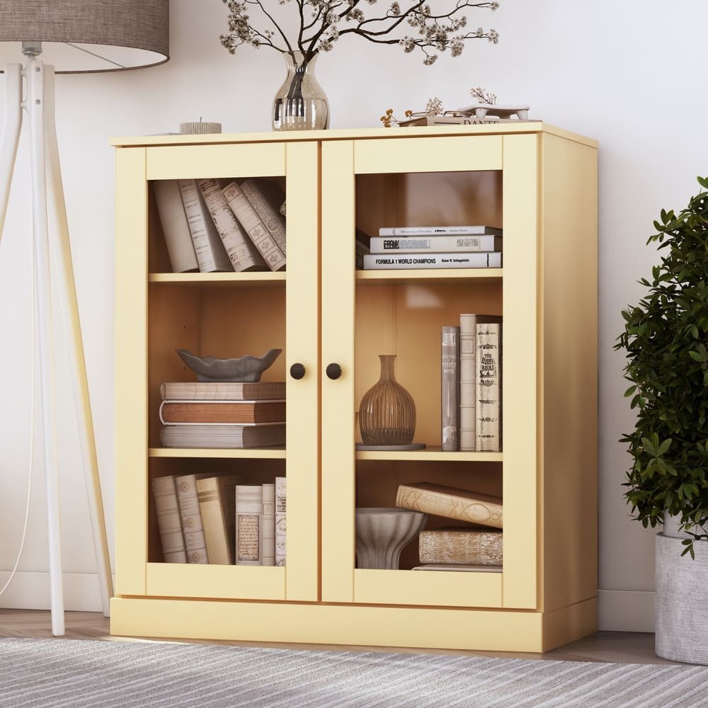 Palace Imports 100% Solid Wood 3-Shelf Bookcase, Clear Glass Doors, Adjustable Shelves, 32" Wide, 35.75" Tall