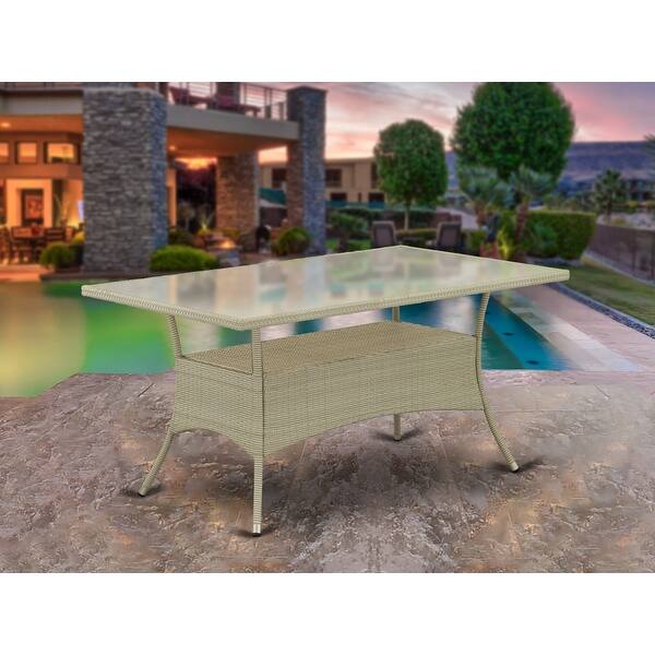 slide 2 of 5, East West Furniture Patio Wicker Dining Table - Rectangle PE Wicker Table with Glass Top, 36x60 Inch, Natural Linen OSLTG03