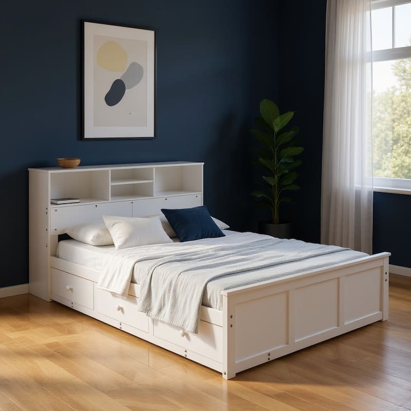 HomeRoots White Wood Full Bed Frame With Trundle And Drawers - Full